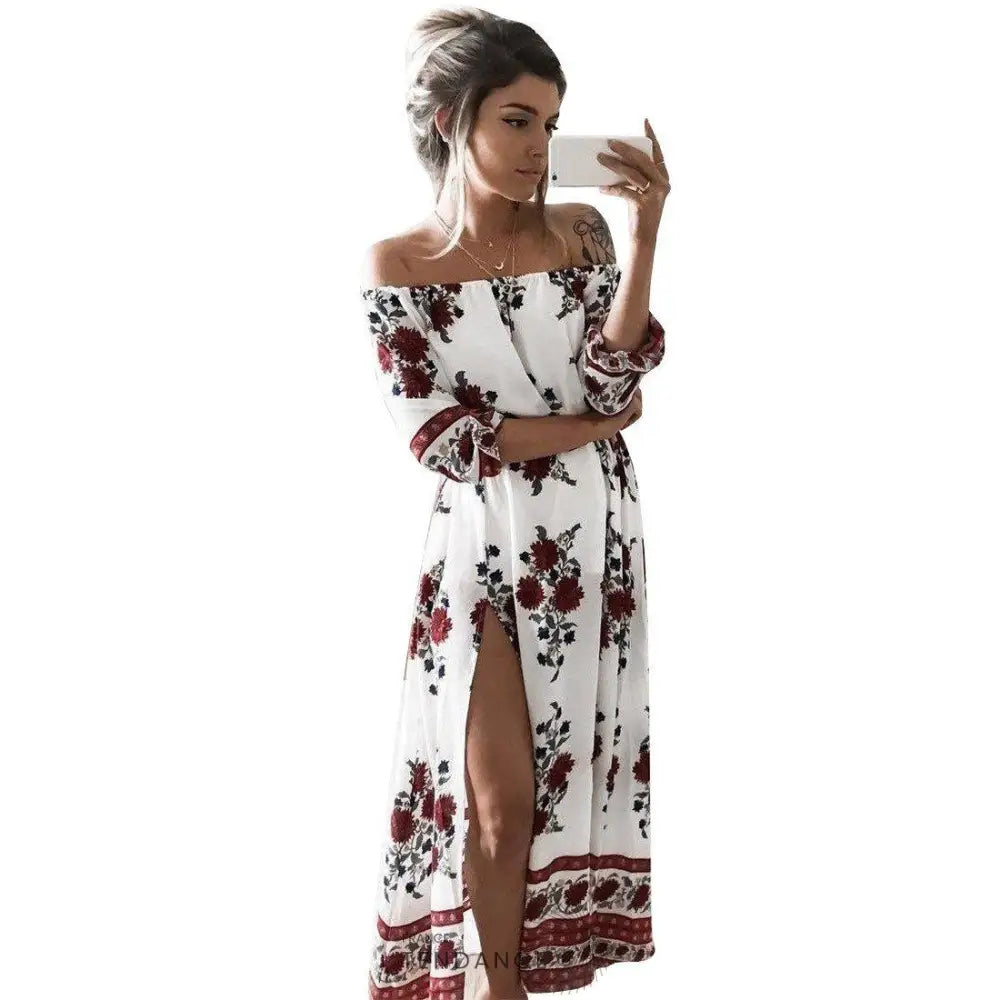 Robe à Fleurs Longue Et Fendue épaules Dénudées |